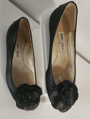 JIMMY CHOO Black Ballet I Flats With Flower Size 37.5 EU , Logo Back Of Heel